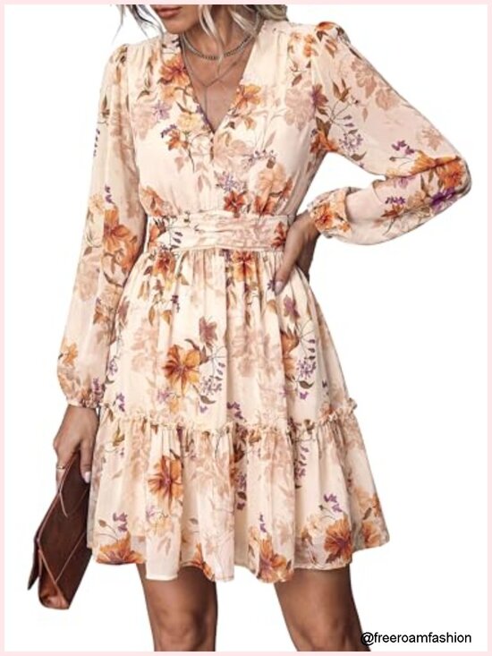 Dresses & Skirts - Women's Floral Mini Dress Long Sleeve V-Neck Fit & Flare Ruffle Hem A-Line